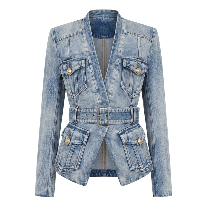 Belted Washed Denim Blazer for Friday Night Vibes and Elevated Casual Style Women