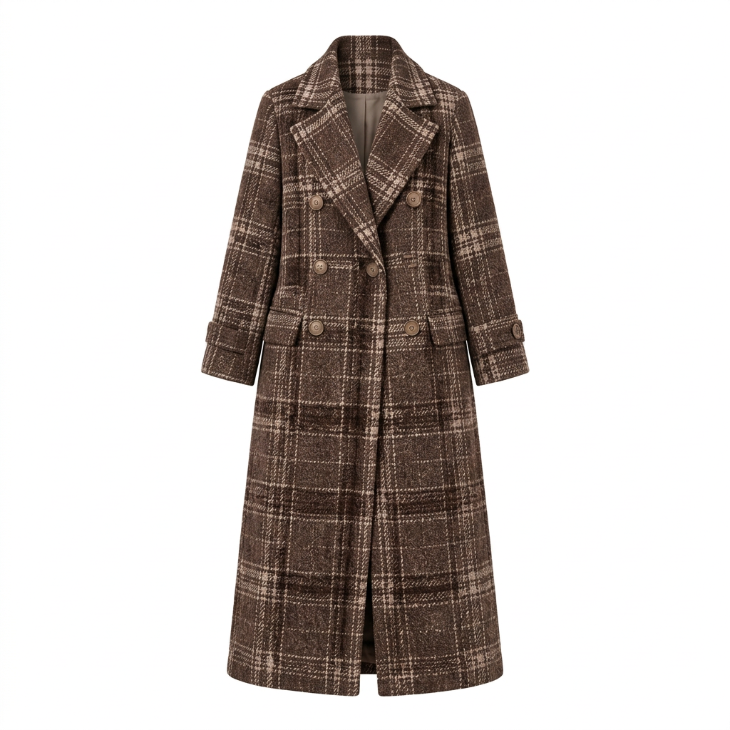 Plaid Oversized Double-Breasted Long Wool-Blend Coat