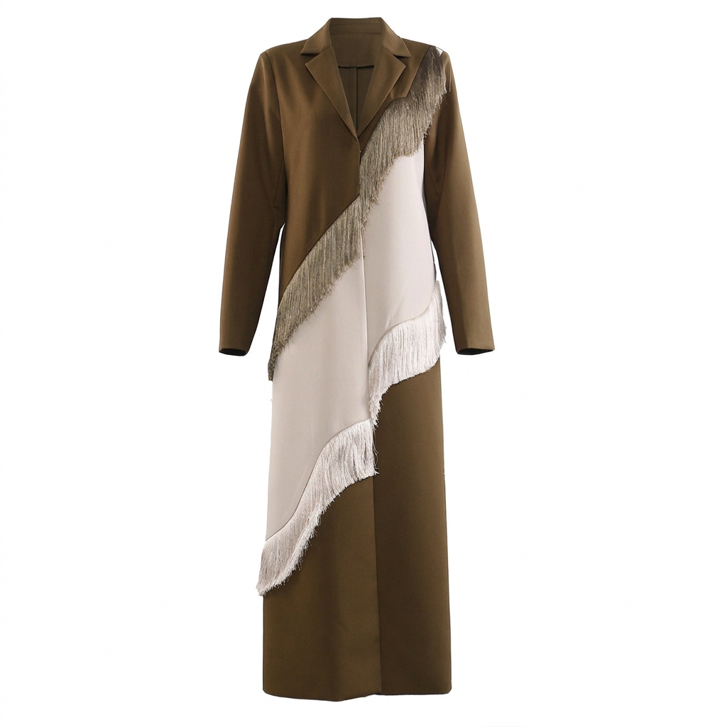 Brown Color Block Fringe Maxi Blazer Coat-Vyana Collective