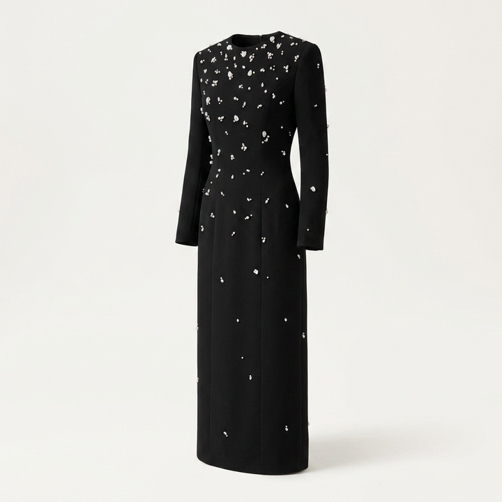 Beaded Rhinestone Maxi Gown for Black Tie Elegance and Evening Glamour Women
