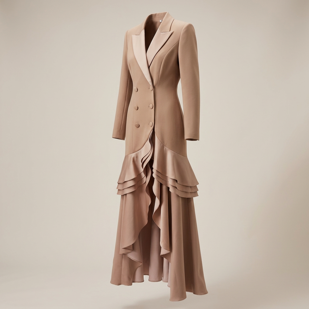 Khaki Satin Ruffle Double-Breasted Blazer Maxi Evening Gown