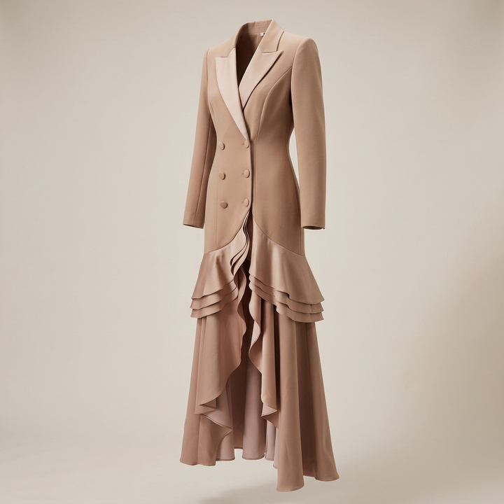 Khaki Satin Ruffle Double-Breasted Blazer Maxi Evening Gown