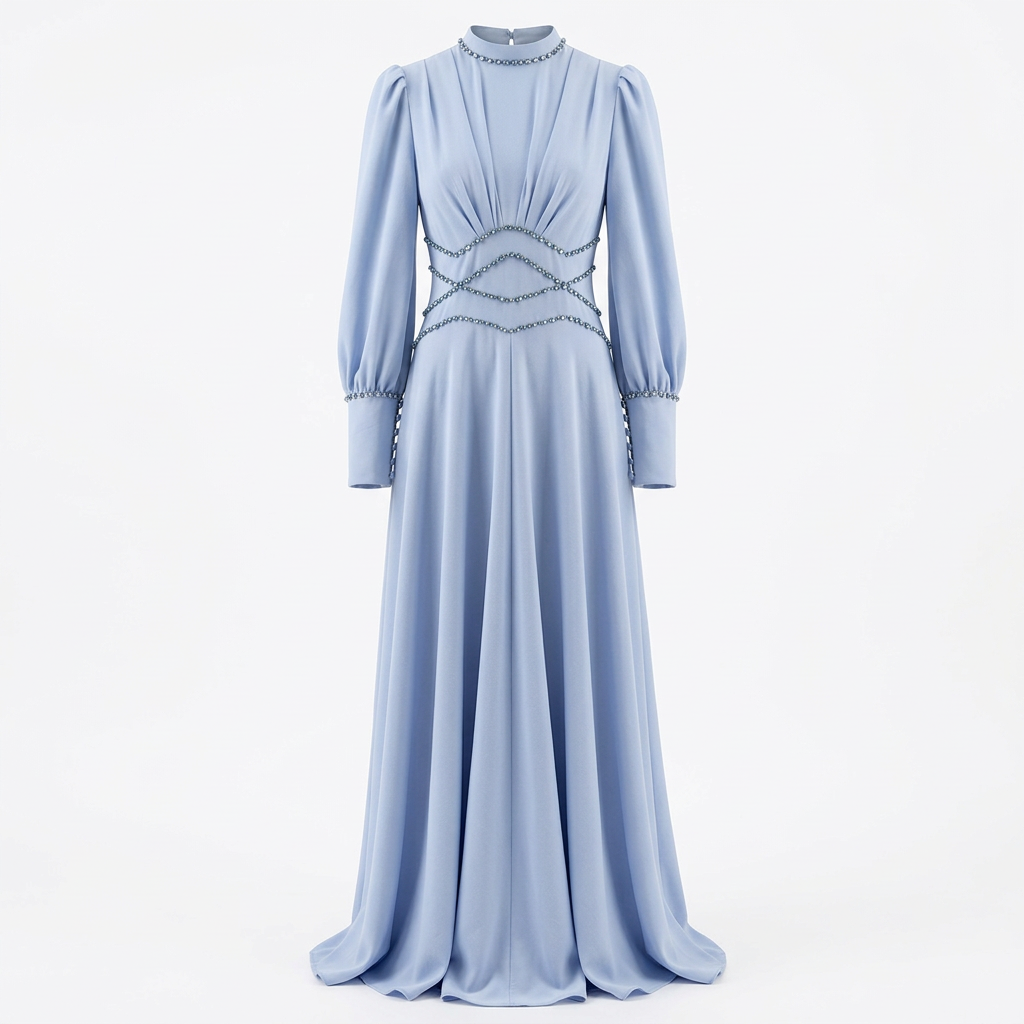 Light Blue Beaded High-Neck Long Sleeve Maxi Evening Gown