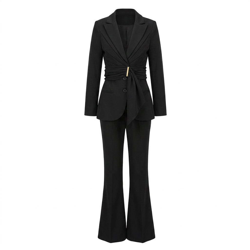 Wrap Waist Tailored Blazer and Flared Pants Suit Set for Meetings Ready and Modern Executive Style Women