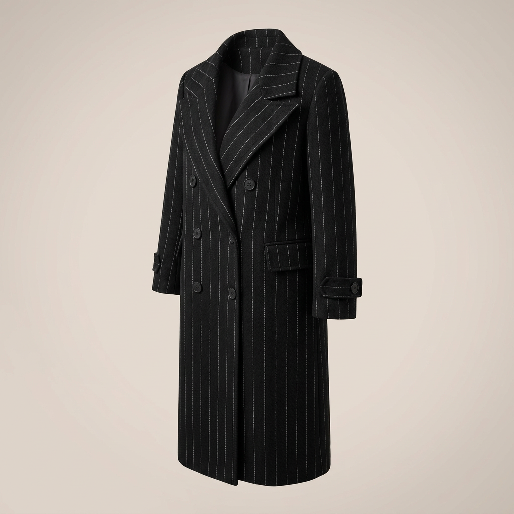 Pinstripe Oversized Double-Breasted Long Wool-Blend Coat