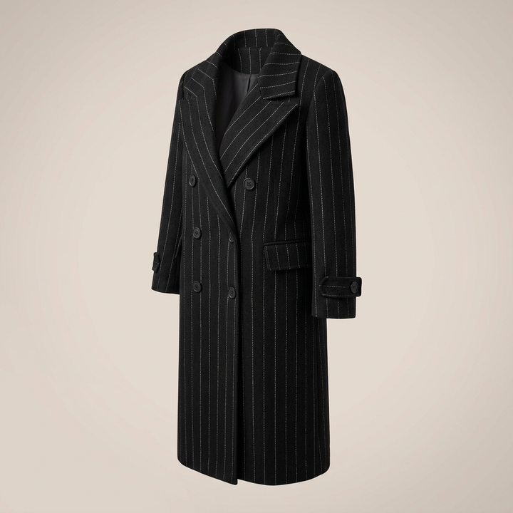 Pinstripe Oversized Double-Breasted Long Wool-Blend Coat