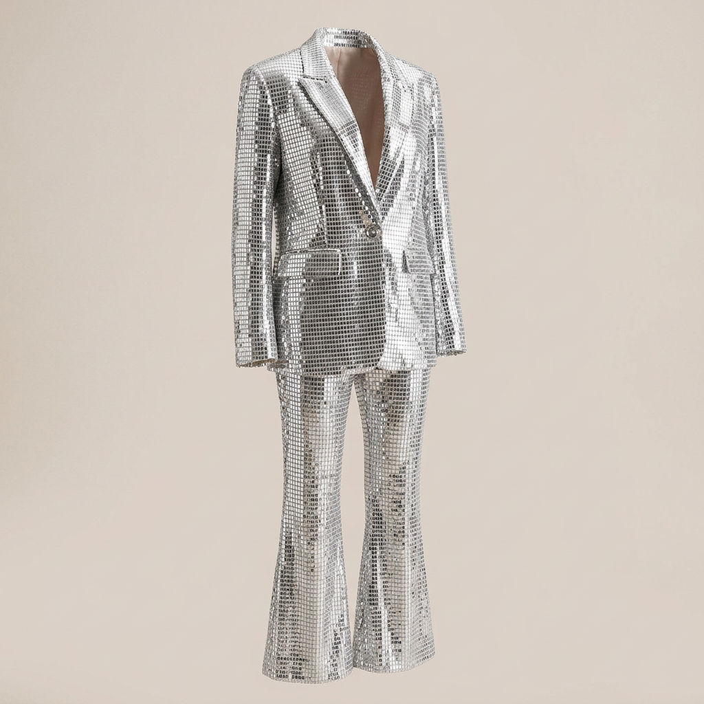 Silver Sequin Blazer and Wide Leg Pants Set for Gala Nights and Statement Glamour Women